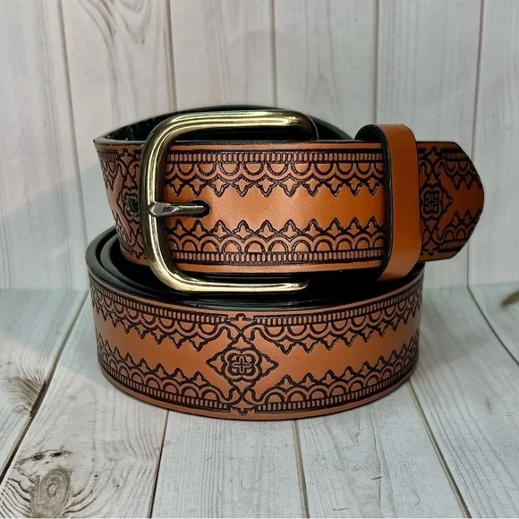 Brown Faux Leather Tooled Belt Vegan Casual Unisex - Picture 2 of 8